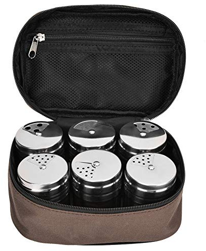 NDNCZDHC 6pcs Camping Spice Kit, Stainless Steel Spice Jars, Salt and Pepper Shaker Sets, Multi BBQ Spice Containers with Bag for Home or Outdoor Use