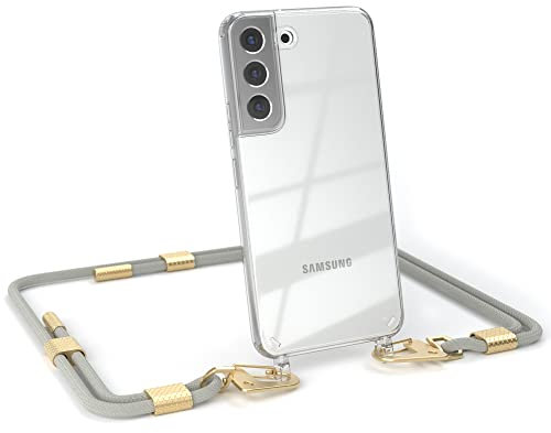 EAZY CASE - kombinierbare Handyketten kompatibel mit Samsung Galaxy S22 5G, Transparente Silikon-Hülle mit stylischen Umhängeband, abnehmbar durch Karabiner, Gurt zum wechseln, Taupe - Clips Gold