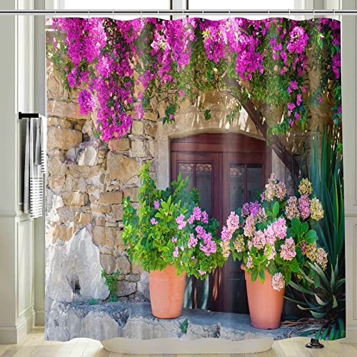 Vgzsyomqib Italien Motiv Duschvorhang Anti Schimmel Wasserdicht Badewanne Rosa Blumen Stoff Bad Vorhang Shower Curtains 240x200 Extra Breit Natur Duschvorhänge Waschbar Textil mit Haken