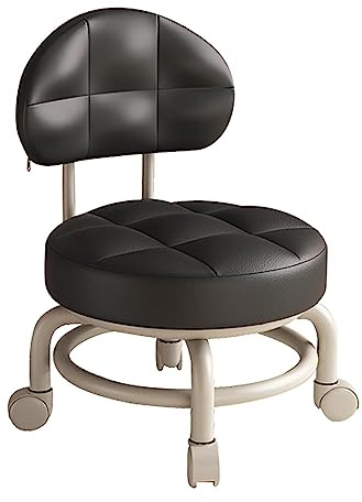 Folpus Low Rolling Seat with Backrest PU Leather Sofa Foot Rest Multipurpose Cleaning Pulley Stool Pedicure Stool for Salon Home Library Garage, black