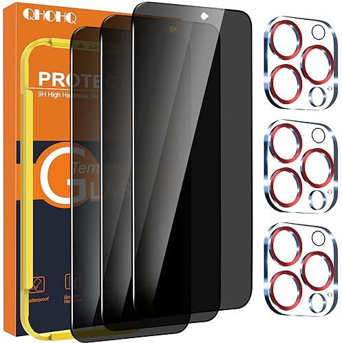 QHOHQ 3 Stück Sichtschutz für iPhone 15 Pro Max 6,7 Zoll mit 3 Stück Kameraschutz, Anti-Spähen Panzer Schutz Glas, HD Blickschutzfolie, 9H Härte, Anti-Kratzer, Bläschenfrei-Burgunderrot