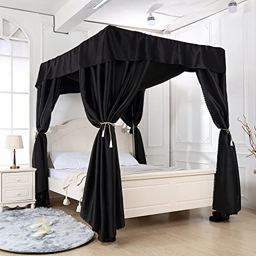 UNICOKA 100% lichtdichter schwarzer 4-Eckpfosten-Bettvorhang, Himmelbett, Betthimmel für Mädchen, Jungen, Erwachsene, Sichtschutz, Bett, Schlafzimmer, Dekoration (schwarz, Queen)