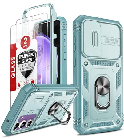 LeYi for Samsung Galaxy S23 FE Phone Case with Camera Cover Slider, Green | 2 Tempered Glass Screen Protector, Ring StHolder, 360 Full Body Tough Armour Cover Hard Heavy Duty Case for Samsung S23FE