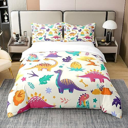 Homewish 100% Cotton Cute Dino Duvet Cover Single,Cartoon Dinosaurs Bedding Set,Kawaii Dinosaur Eggs Comforter Cover,Colorful Dinos Leaves Volcano Bedspread Cover with 1 Pillow Case Bedroom Decor