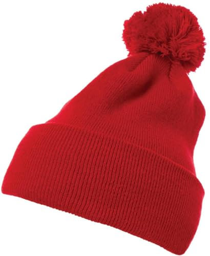 Flexfit Unisex 1501P-Cuffed Pom Knit Beanie-Mütze, red, one Size