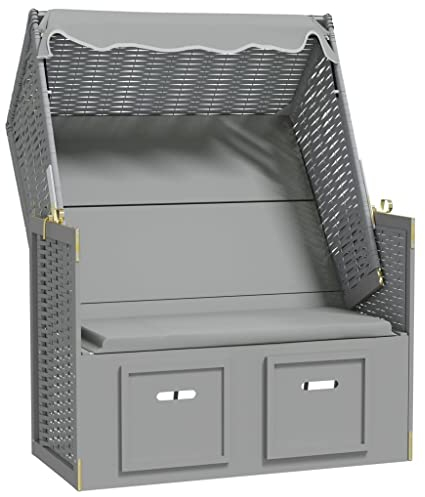 Hommdiy Strandkorb mit Dach Strandkorb Doppelte Sonnenliege mit Dach Doppelliege Poly Rattan und Massivholz Grau