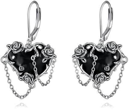 POPLYKE Schwarze Rose Blume Ohrringe 925 Sterling Silber Herz Schwarze Ohrringe Gothic Schmuck Damen