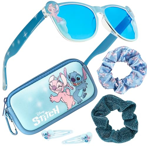 Disney Occhiali da Sole Bambina Protezione UV con Borsette e Accessori Capelli Set - Regalo per Ragazze (Blu Stitch)
