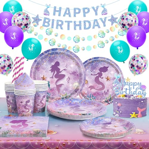 Mermaid Party Tableware Set - Birthday Supplies With Plates, Cups, Napkins, Tablecloth, Balloons, Banner - Decorations for 16 Guests