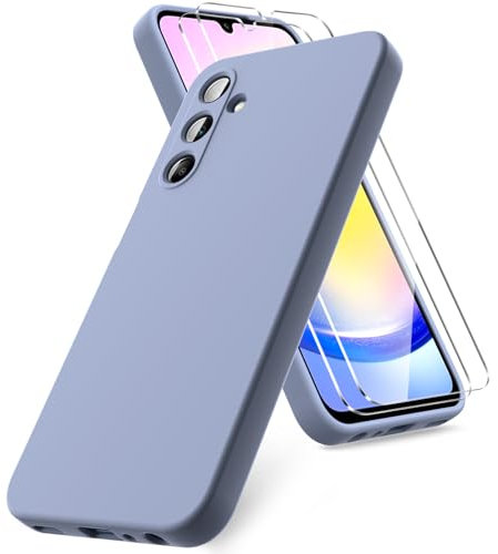 Vansdon Funda Compatible con Samsung Galaxy A25 5G, 2 Unidades Protector Pantalla Cristal Templado, Silicona Líquida Gel Ultra Suave Funda- Gris Lavanda