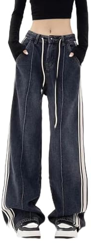 Damen American Vintage Kordelzug Denim Hose Baggy Jeans 90er Kpop Y2k Streetwear Harajuku Lange Hose 2000er Aesthetic Tide-Schwarz-S