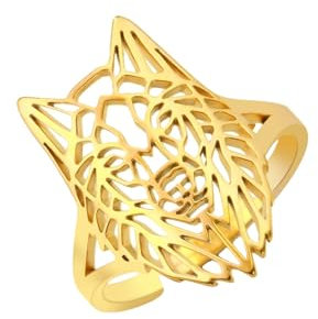 GAUEIOUR Wolf Head Ring,Norwegian Viking Stainless Steel Open Ring, Fashionable Nordic Talisman, Unisex, Jewelry Commemorative Gift (Gold)