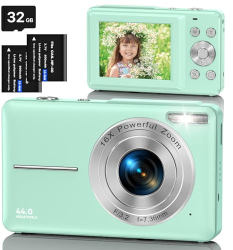 Digitalkamera Fotokamera mit 32GB Karte, 1080P FHD 44MP Kinder Kamera 2,4 '' LCD 16X Digital Zoom Kompaktkamera, Tragbare Fotoapparat mit 2 Akku, Kamera für Kinder, Teenager, Anfänger(Grün)