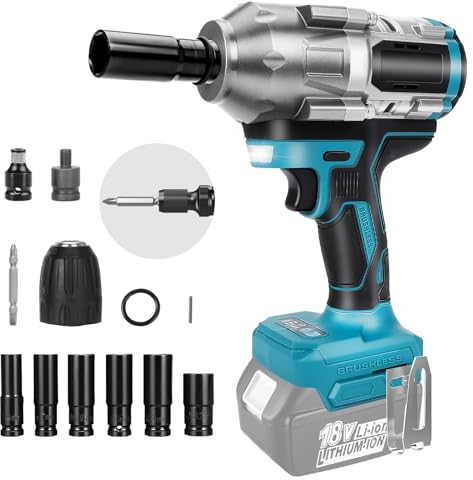 JUDANNA 1200Nm Schlagschrauber Akku Passend für Makita 18V Lithium-Akku, 1/2 Zoll Bürstenloser Drehschlagschrauber Autoreifen 18V Schlagschrauber für Reifenwechsel, 6 Stecknüsse (Ohne Akku)