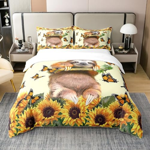 Loussiesd Faultier Bettwäsche Set 135x200cm 100% Baumwolle Kinder Tier Bettwäsche Jungen Lustige Bettwäsche Faultier Sonnenblume Motiv Bettwäsche Mädchen Gelb Schmetterling Blumendruck Bettbezug