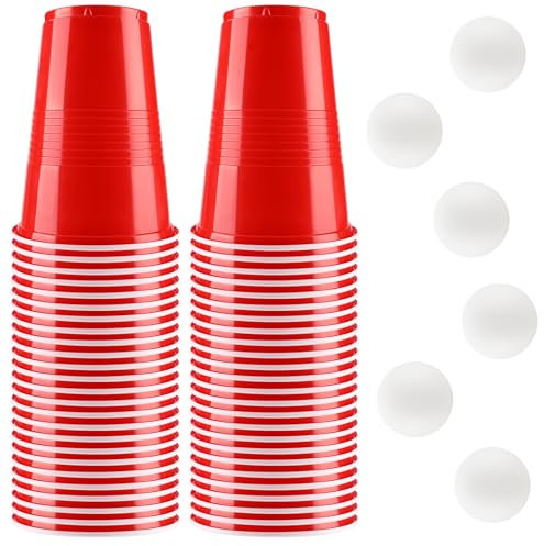 vvhippo Gobelet Beer Pong, 500ML Gobelet Rouge, 50 Biere Pong avec 6 Balles de Ping-Pong, pour Une Fête d'anniversaire, Une Réunion d'amis, Une Réunion de Noël(Rouge)
