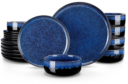 vancasso Dinner Set, Starry Plates and Bowls Set for 6, 18 Piece Reactive Glaze Blue Plate Set for Kitchen, Include Dinner Plates, Dessert Plates and Cereal Bowl, Dishwasher and Microwave Safe