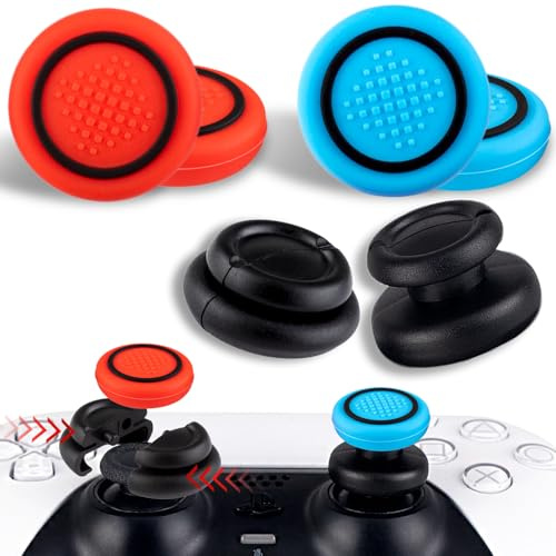 PlayRealm 2 x Daumenstick-Verlängerung und Daumengriff für PS5- und PS4-Controller (roter und blauer schwarzer Ring)