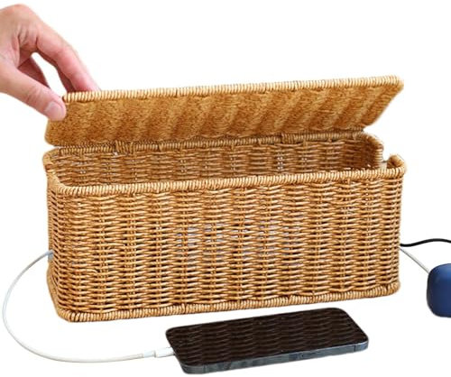 Kabelmanagementbox, Ladestation Korb, Cord Hider Box mit Deckel, handgewebter Drahtbox-Verschluss, Ladekorb für Kabel, Kabel-Organizer-Box, Kabel-Management-Korb,