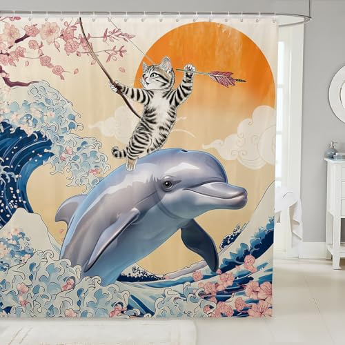 Rideau Douche 180x210cm Chat Drôle pour Enfants, Rideau de Douche Dauphin Océan pour Garçon Fille, Rideau Salle de Bain Animaux de Dessins Animés, Rideau de Baignoire Vague de L'Océan Japonais
