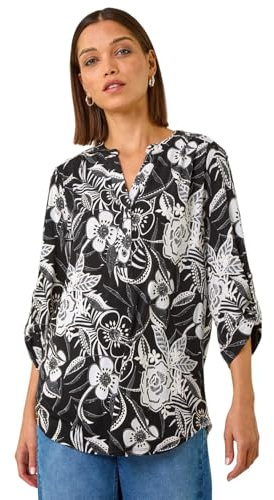 Roman Shirt for Women UK Ladies Top Collarless Blouse Stretchy Tunic Smart Casual Autumn Winter Jersey 3/4 Length Sleeve Notch V Neck Flattering Office Work - Stone - Size 18