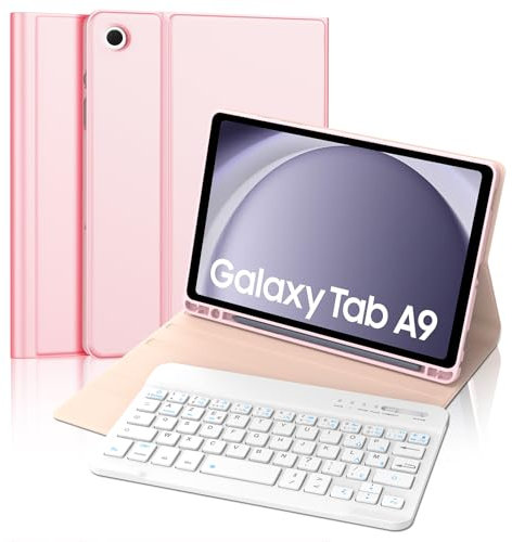 Coque Clavier pour Samsung Galaxy Tab A9 8.7‘', AZERTY Français Étui Clavier Magnétique Bluetooth sans Fil Etui Housse pour Samsung Tab A9, Rose