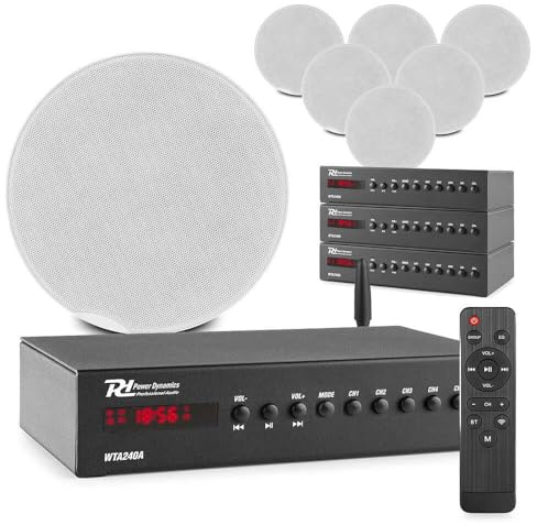 Power Dynamics WLAN-Deckenlautsprecher-System für 4 Zonen – Multiroom-Musik – 8X 6,5 Zoll Deckenlautsprecher - 4X 40W WiFi-Verstärker – Bluetooth 5.0, AirPlay, Spotify Connect – Smart Audio – Weiß