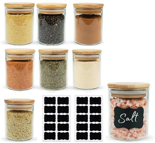 LATRAT Lot de 8 bocaux à épices ronds en verre de 250 ml avec couvercle en bambou - Boîte de conservation ronde - Boîte à café - Boîte à thé avec étiquettes