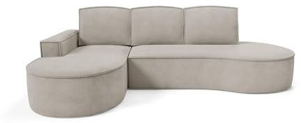 BETTSO - Ecksofa mit Schlaffunktion Flow, Schlafsofa Couch, Wohnlandschaft, Bequemer Sitz, Komfortable Kissen, Runde Form - mit Bettkasten, Breite 277cm, Seite Links, Beige