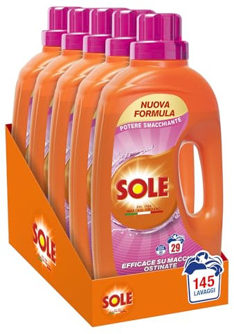Sole Detersivo Lavatrice Lavanda Potere Smacchiante 145 Lavaggi, (5x29), Formula igienizzante, Detersivo Lavatrice Liquido Potere Smacchiante, rimuove le macchie a basse temperature