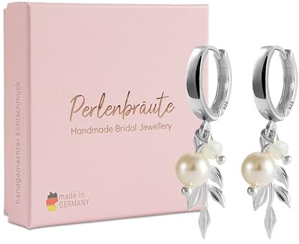 Brautohrringe mit Perle silber – 925er Silber – Handgefertigte Ohrringe Hochzeit mit Blättern – Hochwertiger, veganer Brautschmuck Creole – Wasserfeste Perlenohrringe