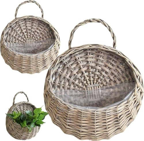 2 Stück Blumenampel Blumentopf Hängend aus Weide Hängetopf Wandkorb mit Griff Rattan Geflochten Hängende Pflanzkorb Hängeampel Wandblumentopf Hängeblumentöpfe Blumenkorb für Innen Außen (Grau, 20cm)