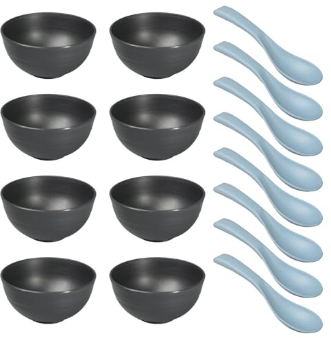 Flewdart 8pcs ciotola cereali colazione plastica riutilizzabile addensare 700ml con 8 cucchiai, grande insalatiera plastica scodelle colazione per cucina Spuntino da Campeggio (Negro)