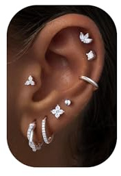 Turandoss 8 Paar Ohrringe Silber Gold für Damen, Hypoallergene 14K Vergoldete Klein Creolen Medizinische Ohrstecker Helix Piercings Ohr Cubic Zirkonia/Kugel/Kleeblatt Stecker Piercing Schmuck Set