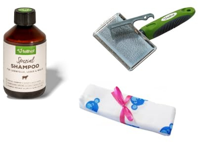 Fellhof Lammfell-Pflegeset mit Bürste & Fell Shampoo 250 ml | Lammfell-Pflegeset | Bürste mit Reinigungskamm | Spezialshampoo 250 ml