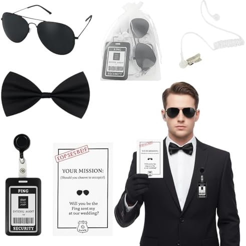Agent Costume Accessory Set, Mib Men in Black Costume Accessories Set with Black Sunglasses, Tie, Handset ID Card and Card Holder, 6-teiliges Set Halloween Christmas Parties Carnival Role Play