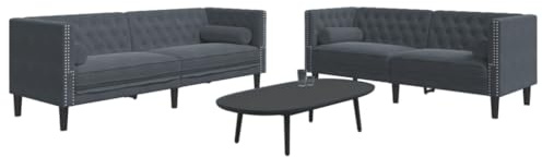 Tonture Chesterfield Sofa Set, 2-teilig, Dunkelgrau Samt, mit Nackenrollen, Wohnzimmer Möbel, Komfortabel, für Erwachsene