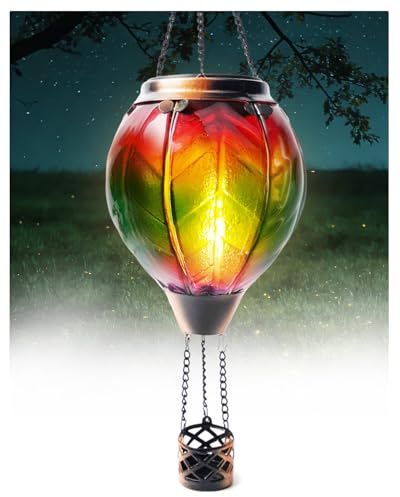 Klarlight Garden Ornaments Outdoor, 45CM Realistic Flame Hot Air Balloon Solar Garden Light, Hanging Gradient Glass Effect Solar LED Balloon Lantern, for Balcony & Tree, Gifts for Women
