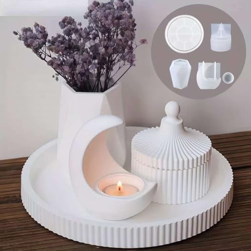 JVHLOV 4 Pack Silicone Molds, Resin Molds for Storage Box, Candle Holder | Round Tray and Faceted Vase Molds for Resin, Concrete, Wax DIY Crafting and Home Decor Projects