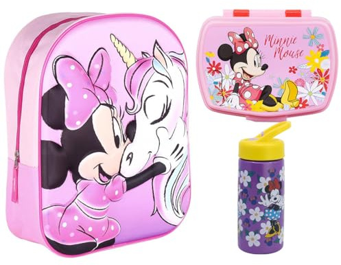 MARUKATSU Minnie Mouse Set Mochila Infantil, Sandwichera infantil y Botella escolar - Pack Diseño Colorido | Mochila Escolar 31x25x11cm Niño Niña de 3 a 8 Años | Material Escolar Vuelta al Cole