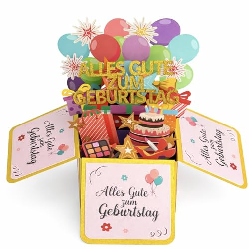 3D Pop Up Geburtstagskarte Frau - Karte Geburtstag Mädchen, Freundin, Mama | Überraschungsbox mit Torte & Ballons, inkl. Notizkarte & Umschlag, auch als Tischdeko