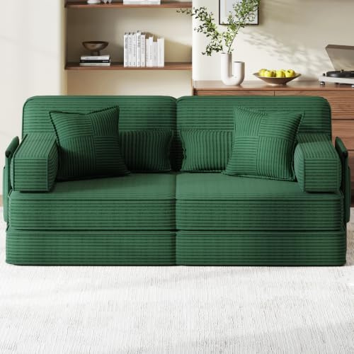 Luxstein Schlafsofa 190 cm Breit, Modulares Bodensofa, Boneless Couch mit Hoher Rückenlehne, 2-Sitzer Vollschaum Sofa aus Cord, 5-in-1 Klappsofa mit Schlaffunktion zum Gästebett, Grün