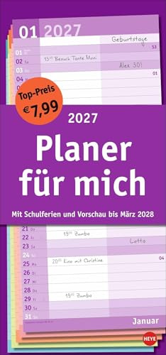 Basic Planer für mich 2027: Praktischer Wandplaner mit 2 Spalten. Wandkalender mit Schulferien und 3-Monats-Ausblick aufs Folgejahr. Terminkalender 2027 zum Eintragen.