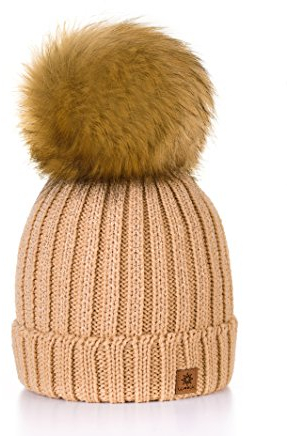 MFAZ Morefaz Ltd Wurm Winter Strickmütze Mütze Damen Kristalle Kiesel mit Große Bomme Pompon SKI (Beige)