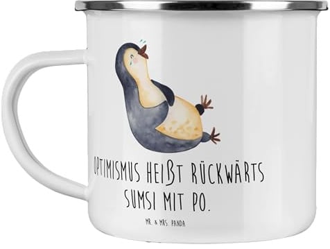 Mr. & Mrs. Panda Camping Emaille Tasse Pinguin Lachen - Geschenk, Outdoor Becher, Pinguine, Humor, Tasse Camping, Metall Tasse, lol, Fröhlich, Tasse