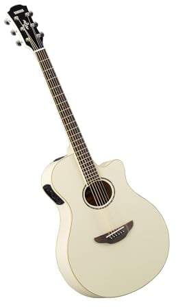 YAMAHA APX600 Elektroakustik-Gitarre – Schlanker Thinline-Korpus, 25 Mensur, System65 Tonabnehmer, 3-Band EQ, Integriertes Stimmgerät, Ovales Schallloch – Vintage White