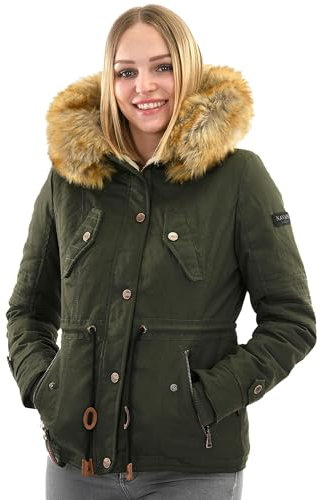 Navahoo Damen Winterjacke (XS-XXL) - 100% Baumwolle Obermaterial, Teddy Fleece innen, Kunstfell abnehmbar, Warme Jacke Frauen B643 (M, Grün)