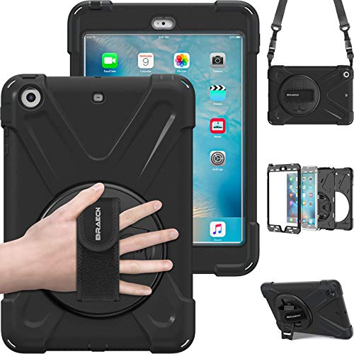 BRAECN Case for iPad Mini 3 / Mini 2 / Mini 1, Heavy Duty Rugged Shockproof Drop Protective Case with 360 Degree Rotating Kickstand/Hand Grip/Shoulder Strap, iPad Mini Cover for Kids, Black