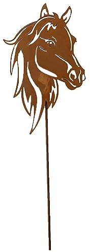 Dekofigur im Rost Design Pferd mit Stab - Rostfigur für den Garten, Geschenk für Reiter