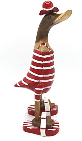 dekoundmeer Ente aus Holz zur Dekoration mit Hut/Badelatschen und Badeanzug in Rot-Weiss Geringelt 27cm